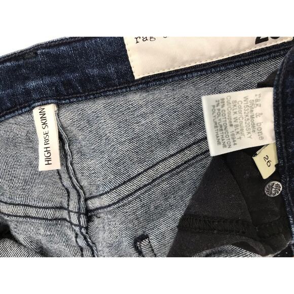 Rag & Bone High Rise Skinny Jeans Dark Wash Distressed Side Stripe Size 26 - Picture 7 of 10
